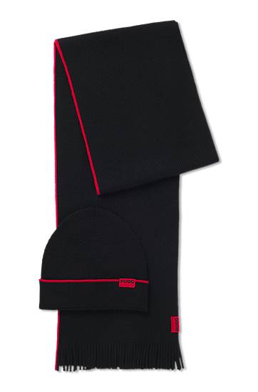 Beanie BOSS Knitted wool hat and scarf set with contrast trim Sort | 50517757, 0