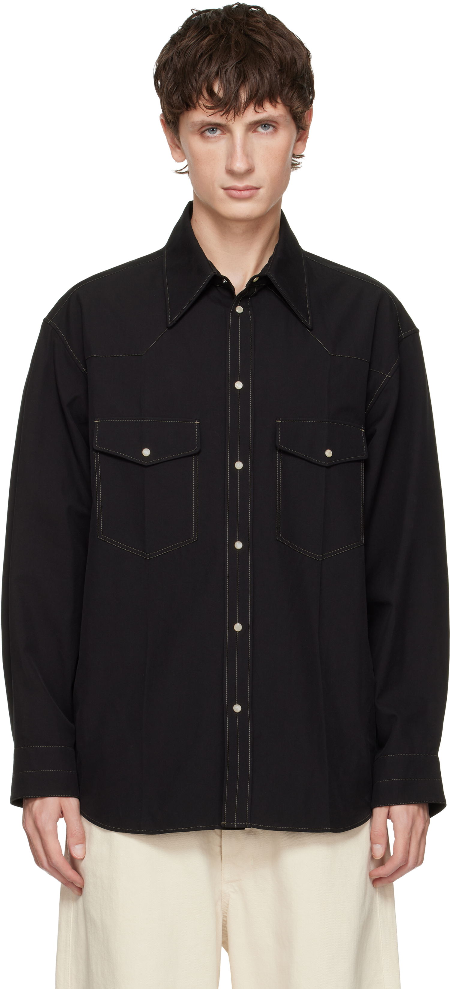 Skjorte LEMAIRE Western Snap-Button Shirt with Contrast Stitching Sort | SH1193 LF1475, 0