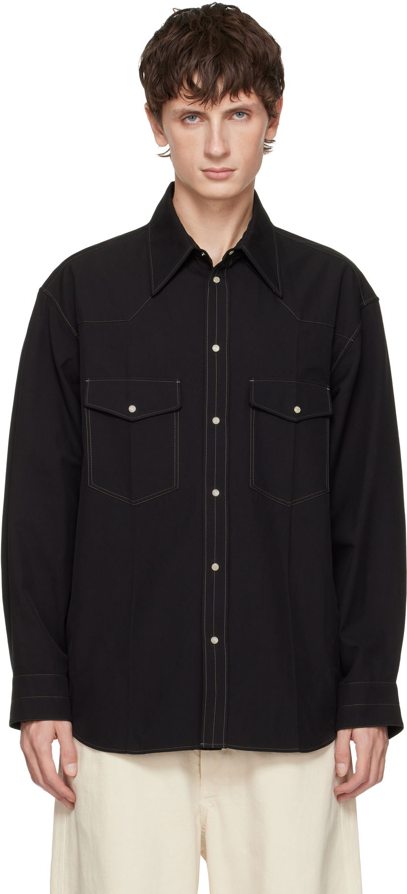 Skjorte LEMAIRE Western Snap-Button Shirt with Contrast Stitching Sort | SH1193 LF1475
