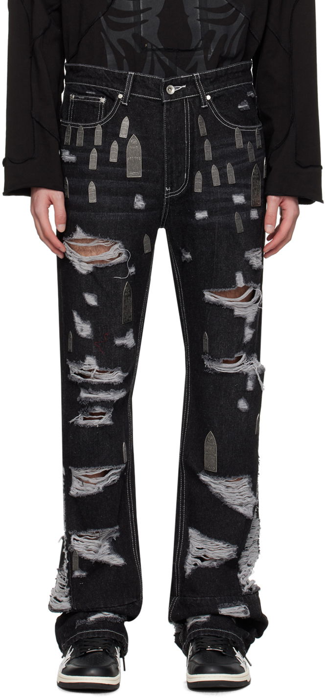 Jeans Who Decides War Amplified Gnarly Ripped Coffin Appliqué Jeans Sort | 1120790002SS24