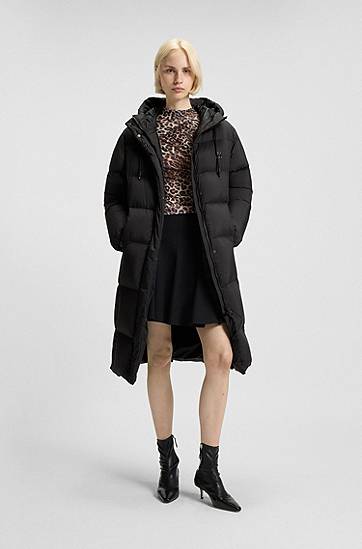 Puffer jakke BOSS Long-length hooded down jacket with stacked-logo print Sort | 50546355, 1