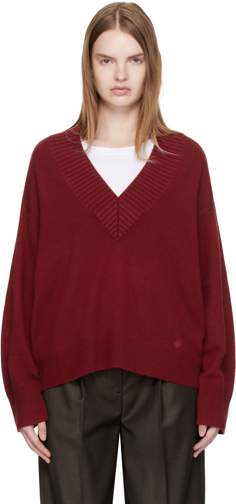 Sweater Loulou de Saison Loulou de Saison Sage LDS Cashmere V-Neck Sweater Bourgogne | SAGE LDS