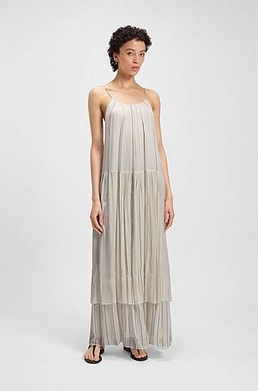 Kjole BOSS Tiered Striped Silk Dress Hvid | 50535154, 1