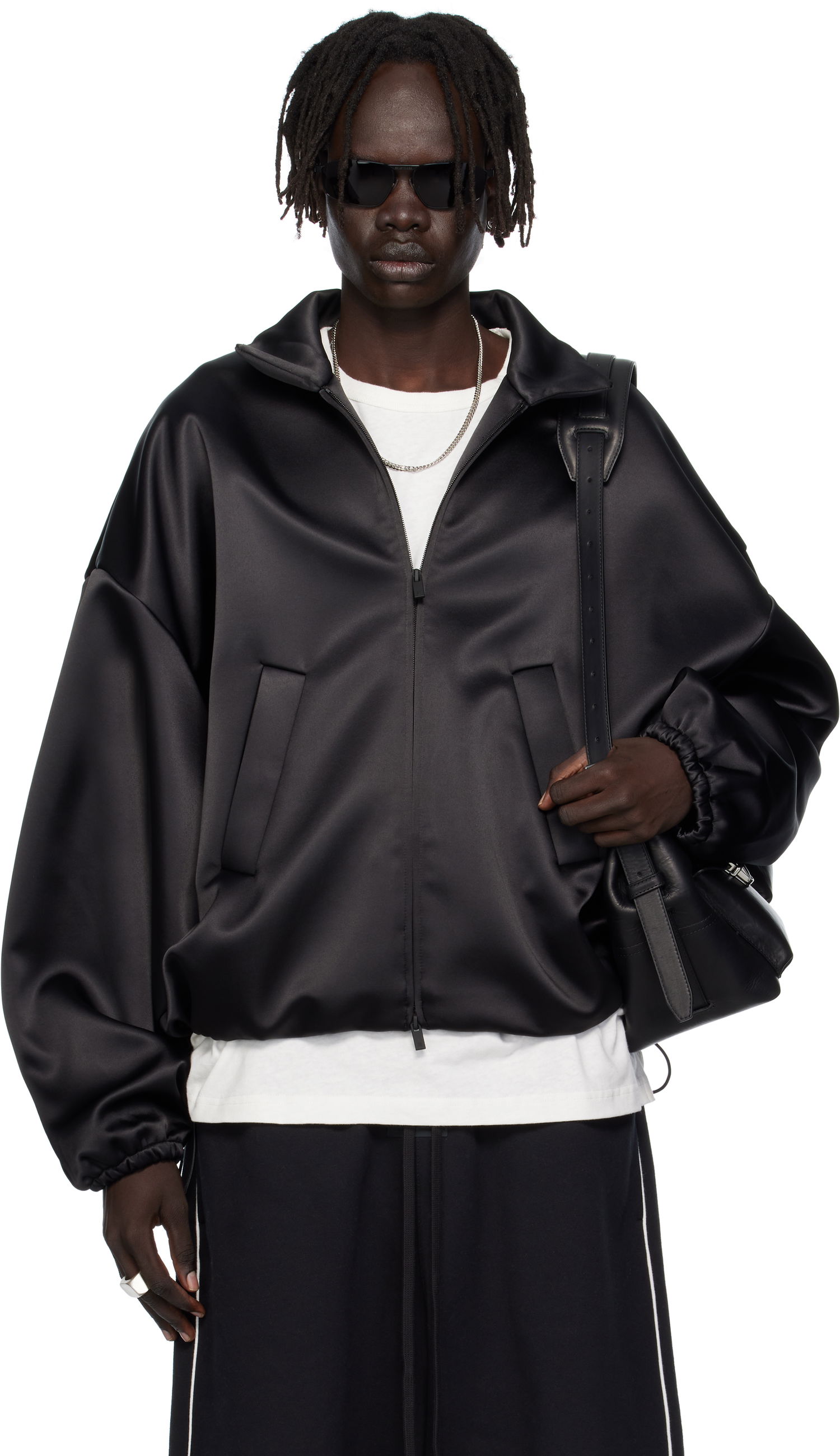 Bomberjakke Fear of God ESSENTIALS Bonded Satin Zip-Up Bomber Jacket Sort | 202SP258070F, 0
