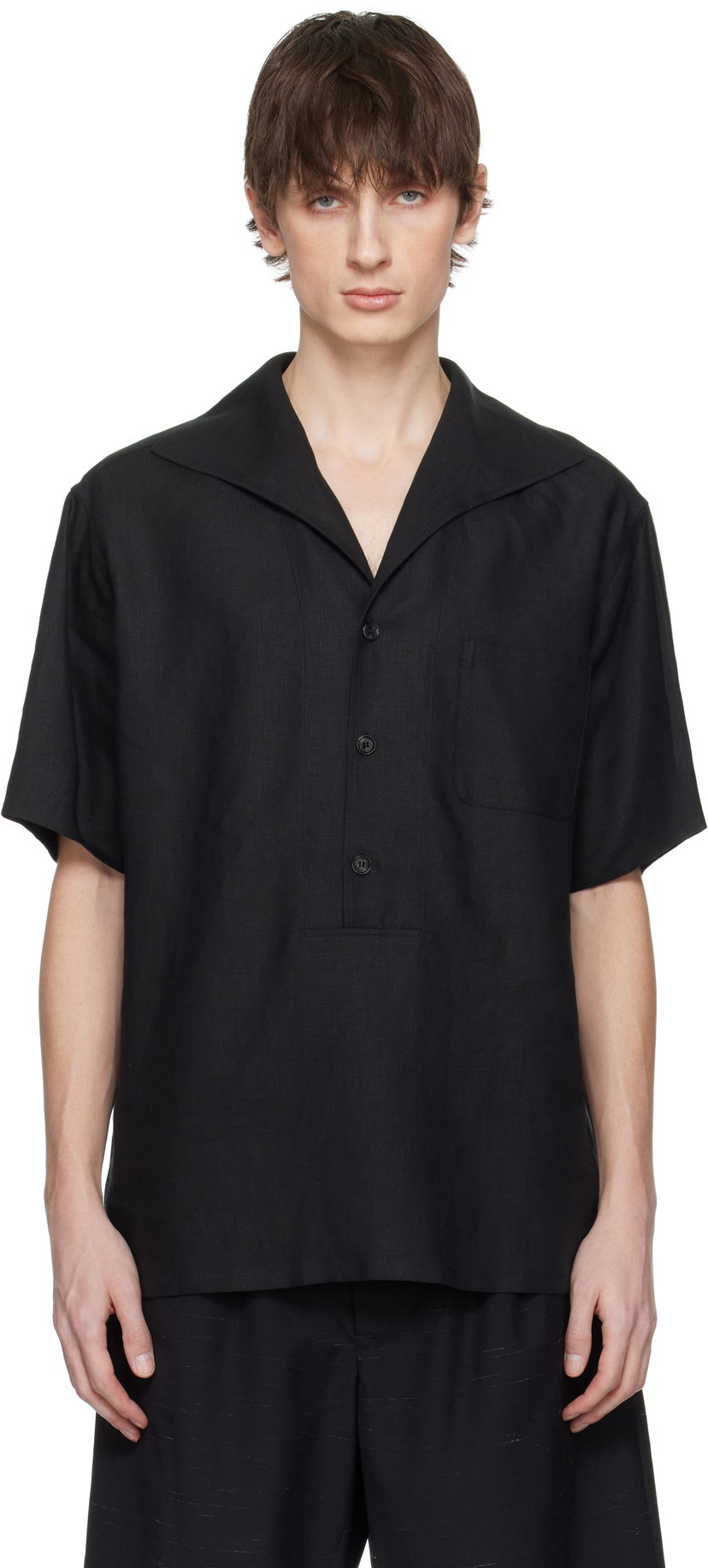 Skjorte Dolce & Gabbana Dolce&Gabbana Three-Button Short-Sleeved Linen Shirt Sort | G5NE3TFU4JB