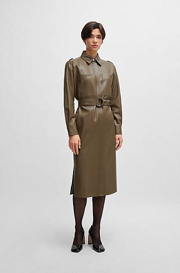 Kjole BOSS Perforated Faux Leather Belted Shirt Dress Grøn | 50505962, 1