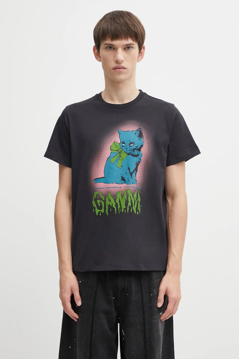 T-shirt GANNI Basic Cotton Jersey Neon Kitty T-shirt Sort | T4340