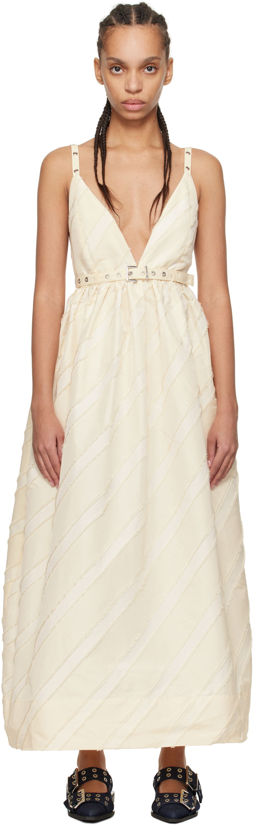 Kjole GANNI GANNI Stripe Strap Maxi Dress Beige | W0173