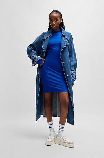 Kjole BOSS HUGO Bodycon Stretch Cotton Dress with Logo Badge Blå | 50531138, 1