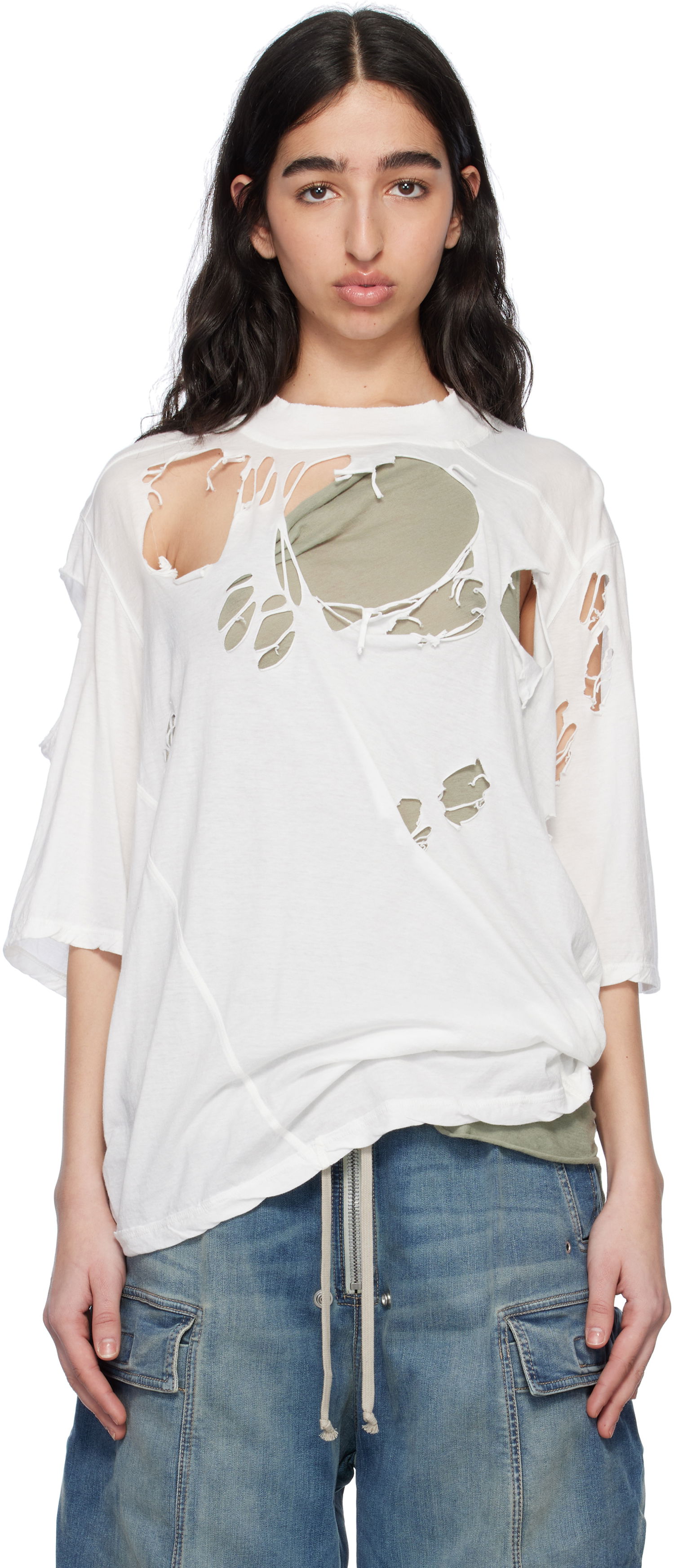 T-shirt Rick Owens Rick Owens DRKSHDW Distressed T-Shirt Hvid | DS01E3201 BHDSD, 0