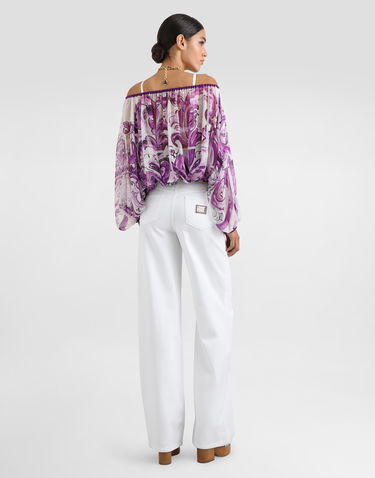 Crop top Dolce & Gabbana Dolce & Gabbana Majolica-Print Silk Chiffon Off-The-Shoulder Top Lilla | F72G7THI1T4HP5DQ, 2