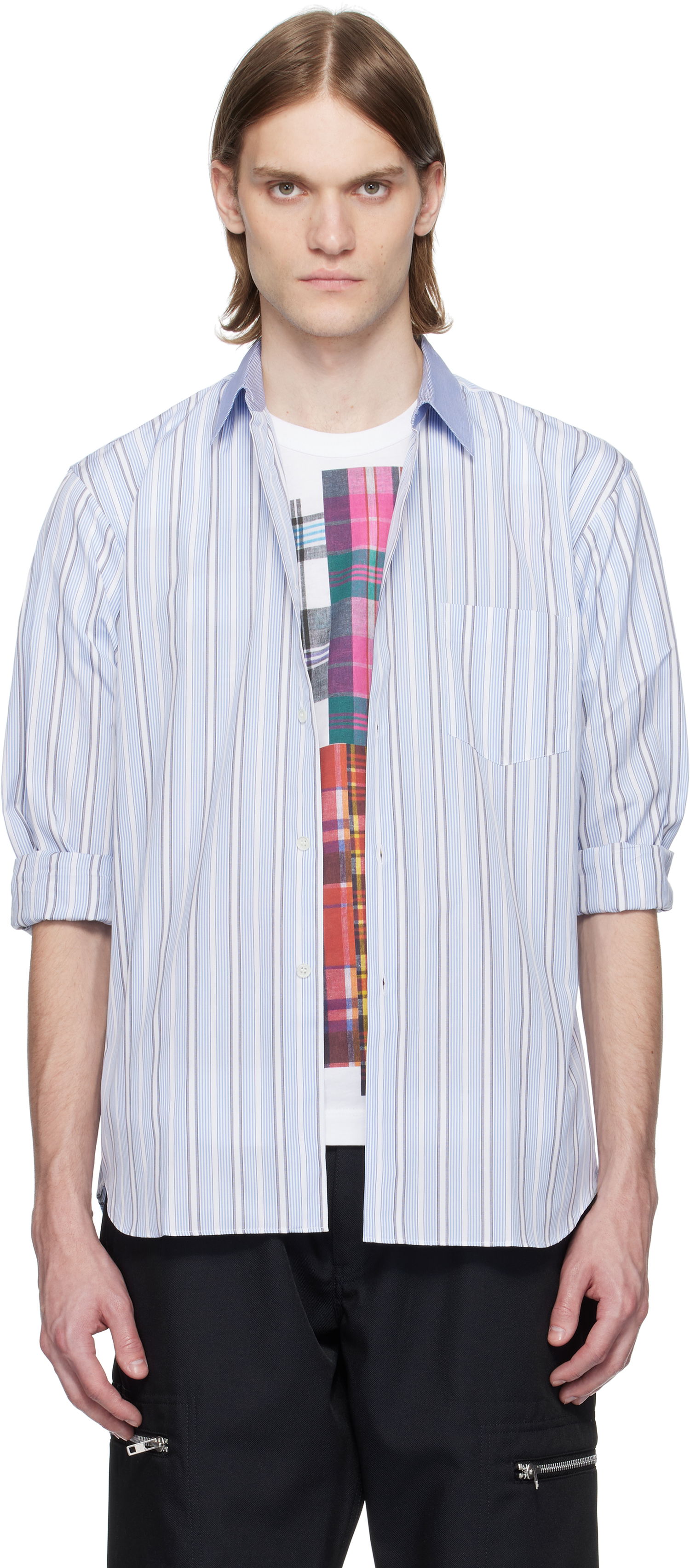 Skjorte Comme des Garçons Comme des Garçons Yarn Dyed Cotton Stripe Poplin Shirt Blå | FZ-B402-051, 0