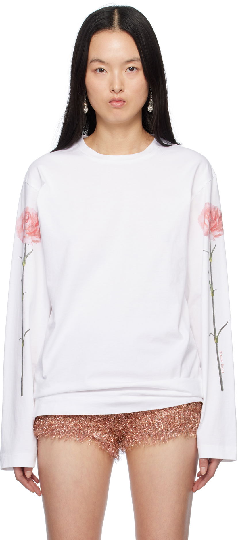 T-shirt Simone Rocha Simone Rocha Carnation Print Long Sleeve T-Shirt Hvid | 5194P32P32A-W 0569