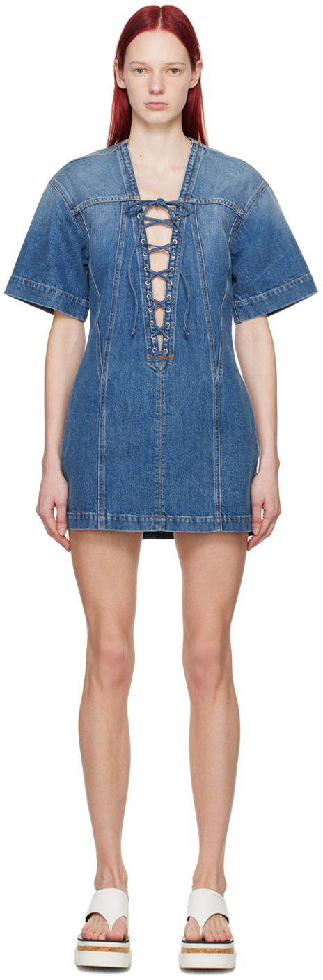 Kjole Stella McCartney Stella McCartney Lace-Up Denim Minidress Blå | 6D02603SPH72