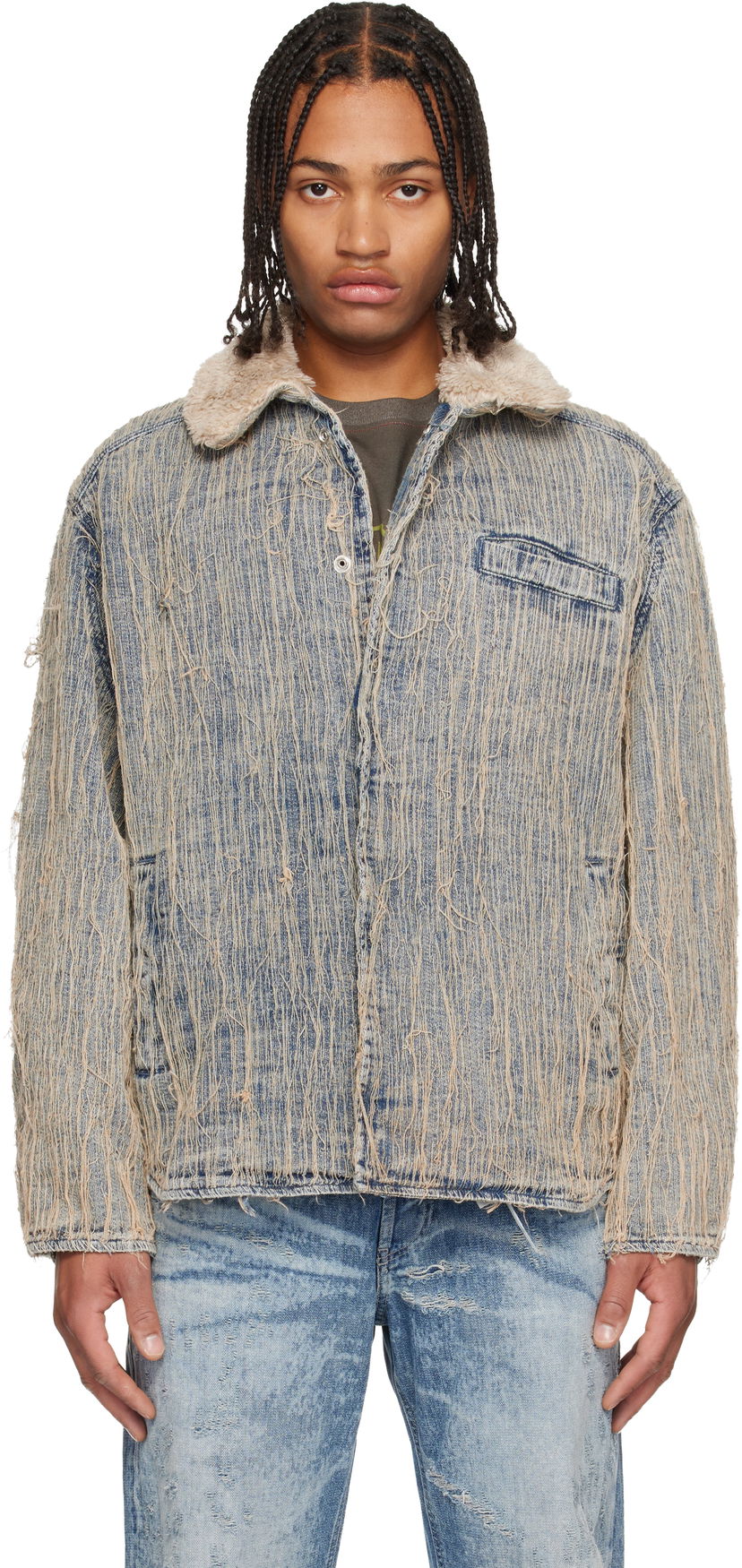 Jakke Diesel Shredded Denim Jacket with Sherpa Collar D-Ivar-S Flerfarvet | A19276-0CMBZ-01