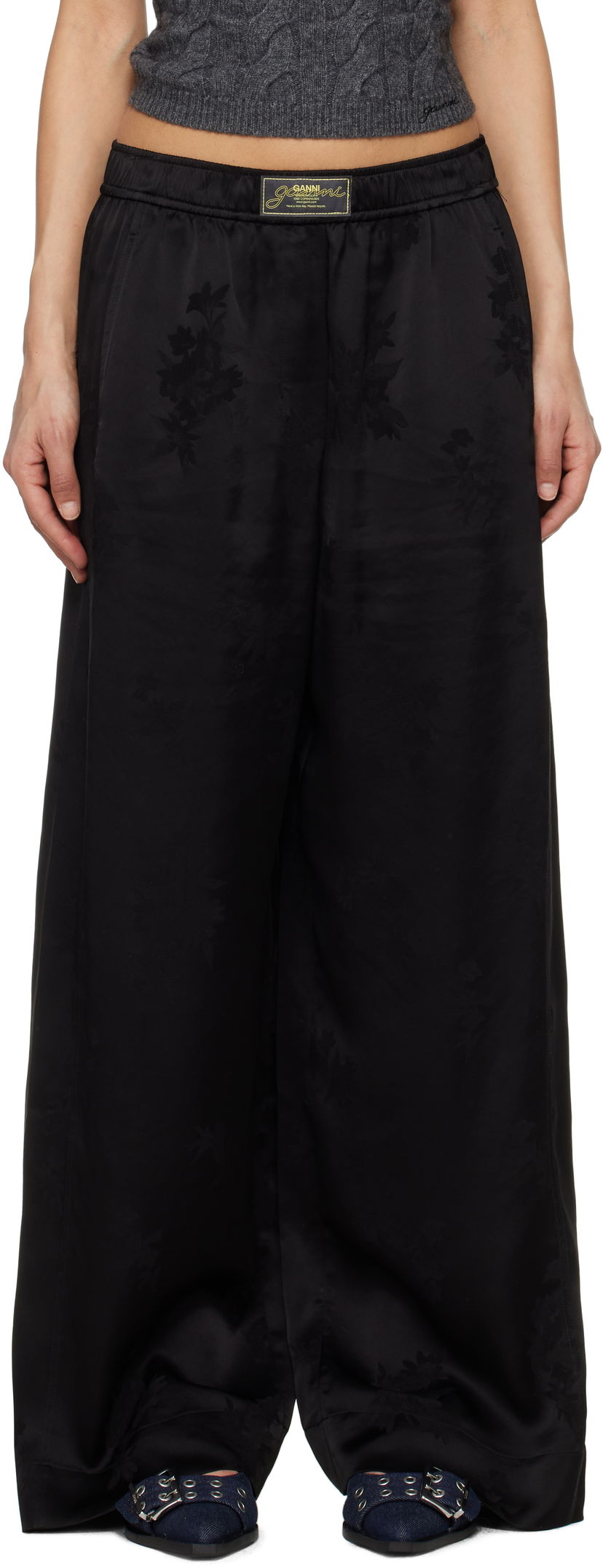 Bukser GANNI GANNI Satin Jacquard Trousers Sort | W0383