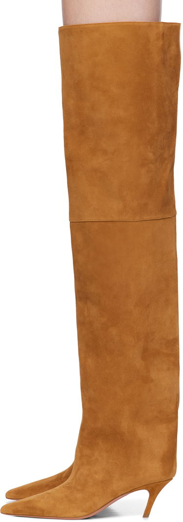 Kjole Amina Muaddi Amina Muaddi Fiona Thigh-High Suede Boots Brun | FIONA THIGH BENDED HEEL SUEDE, 2