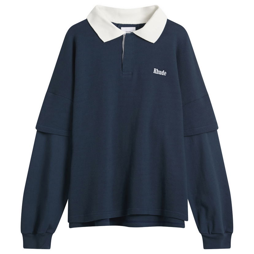 Polo skjorte Rhude Layered Long Sleeve Pique Polo Mørkeblå | RHFW25PO03012-3175