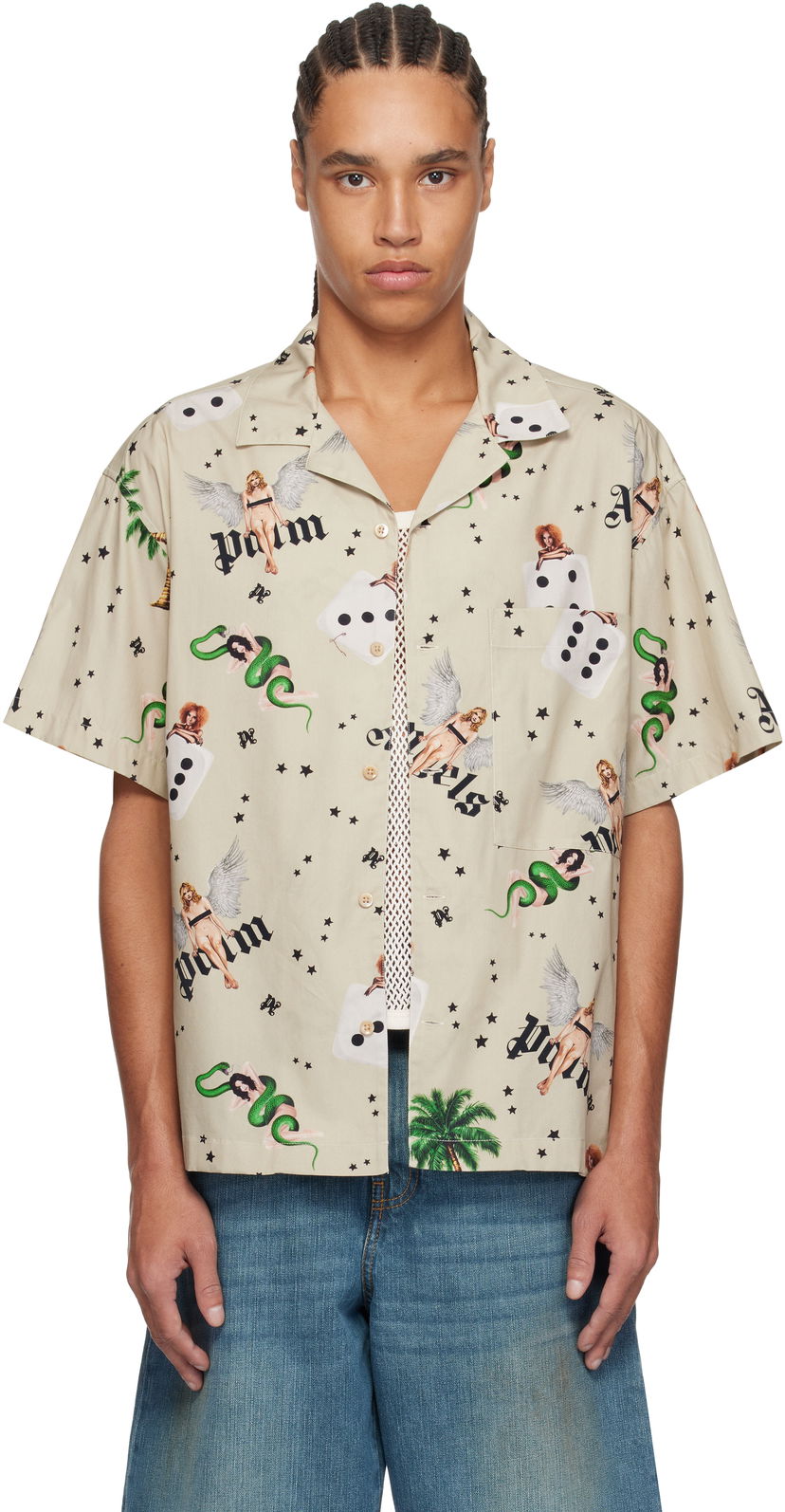 Skjorte Palm Angels Palm Angels Pin Up Bowling Shirt Beige | PMGG00AS25FAB0050B84