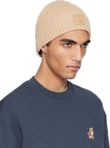 Beanie MAISON KITSUNÉ Maison Kitsuné Fox Head Leather Patch Beanie Beige | OW06110KT1140, 1
