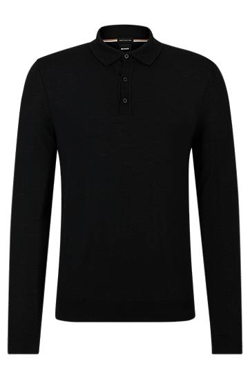 Polo skjorte BOSS Long-Sleeved Virgin Wool Polo Sweater Sort | 50476355