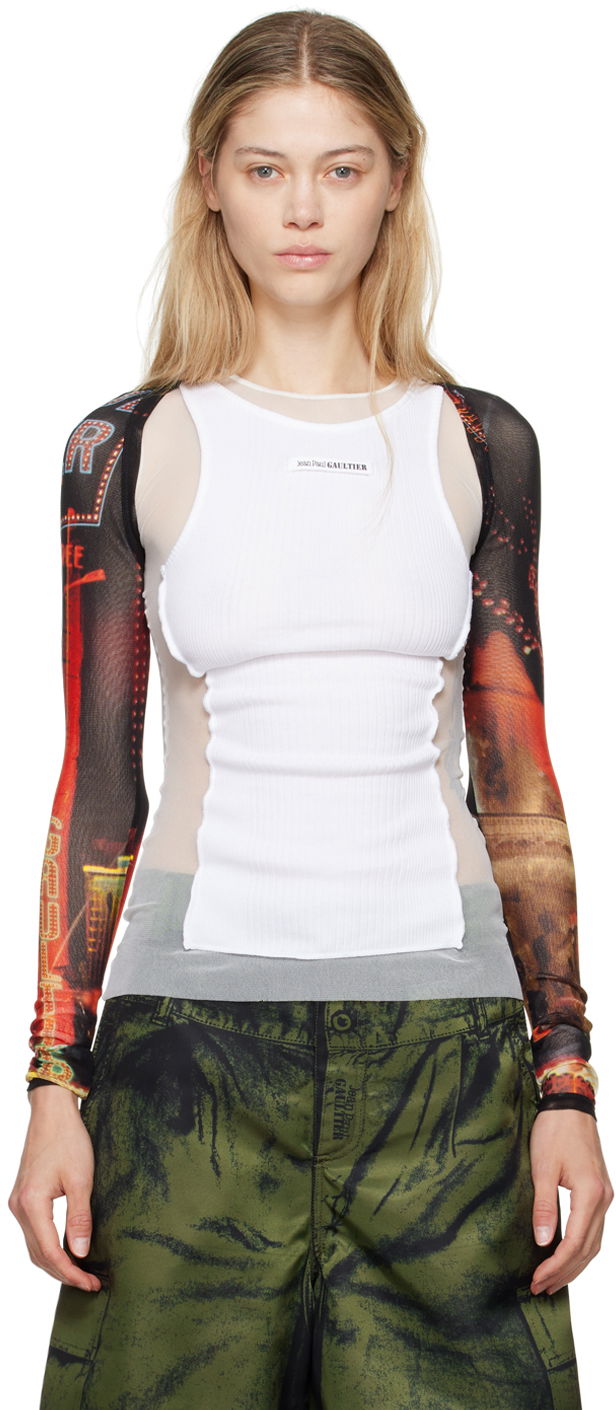 Tanktop Jean Paul Gaultier Jean Paul Gaultier 'The Pigalle' Printed Mesh Sleeves Hvid | 24/30-F-TO207-T552-00301550