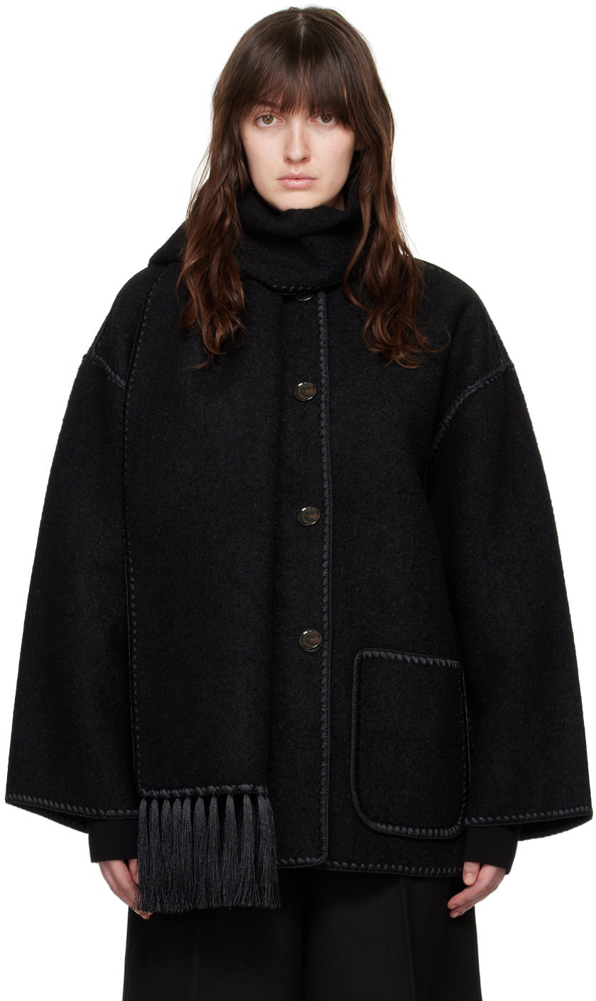 Jakke TOTEME TOTEME Embroidered Hooded Jacket with Fringed Scarf Sort | 224-1018-201, 0