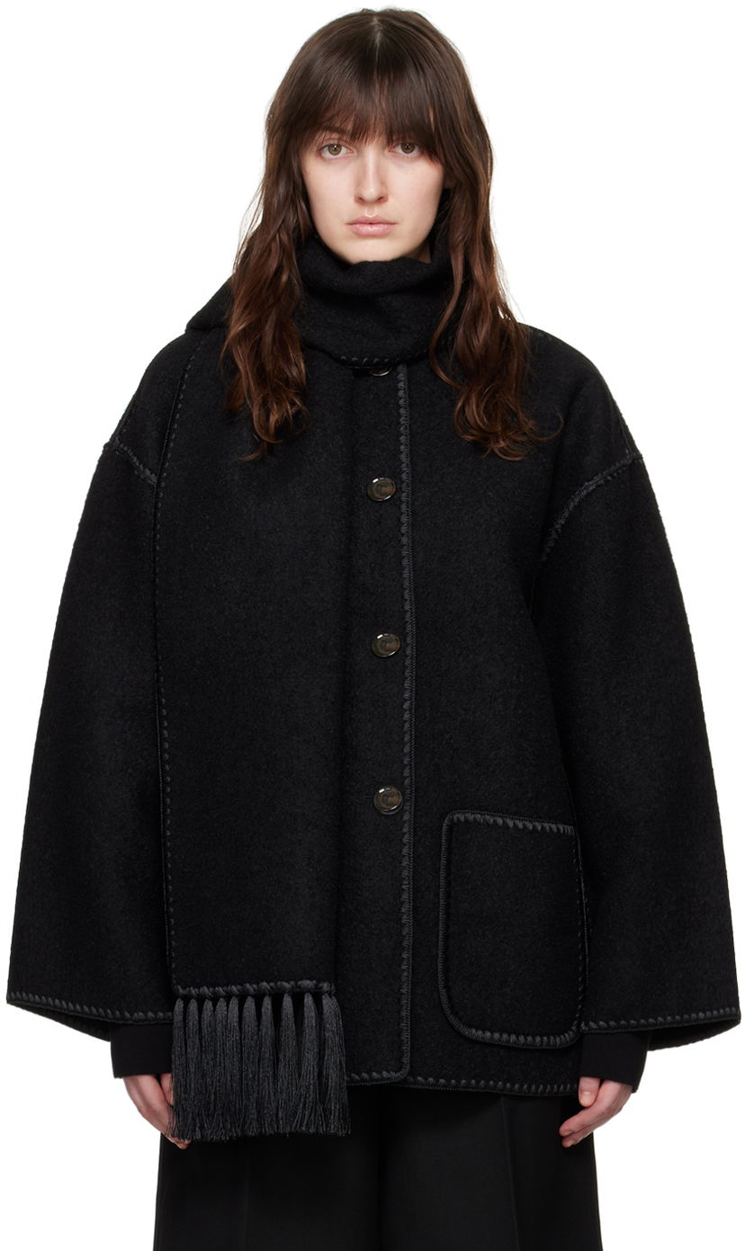 Jakke TOTEME TOTEME Embroidered Hooded Jacket with Fringed Scarf Sort | 224-1018-201