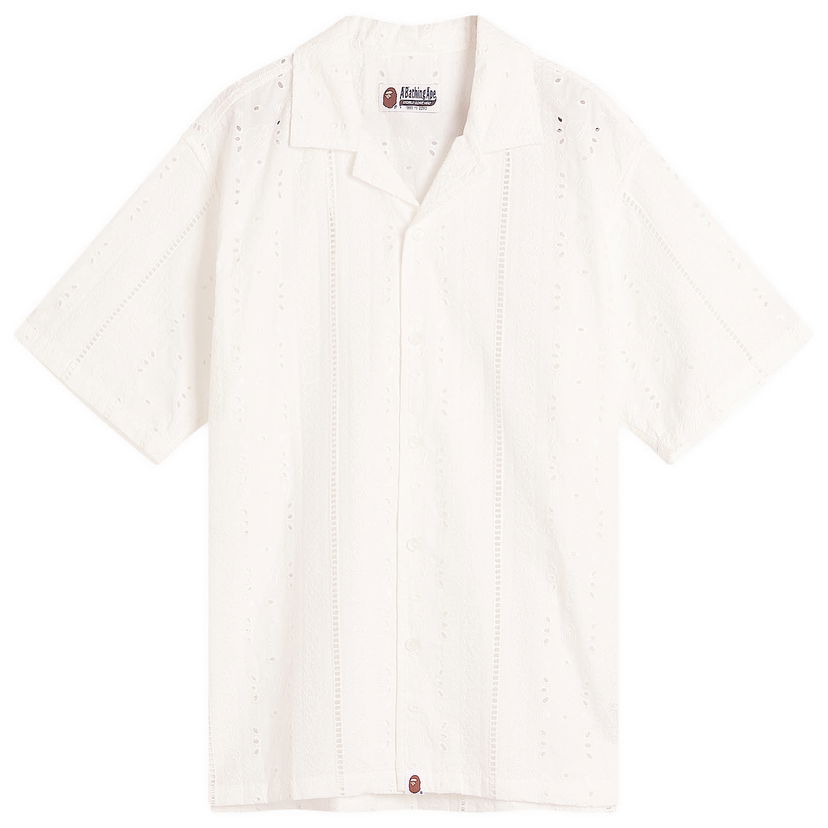 Skjorte BAPE A Bathing Ape Open Collar Short Sleeve Embroidered Shirt, Size Large Hvid | 001SRL301305M-IVO