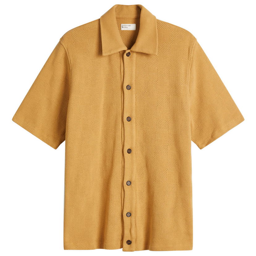 Skjorte Universal Works Universal Works Checkerboard Button Through Polo Shirt, Size Large Gul | 32415-SND