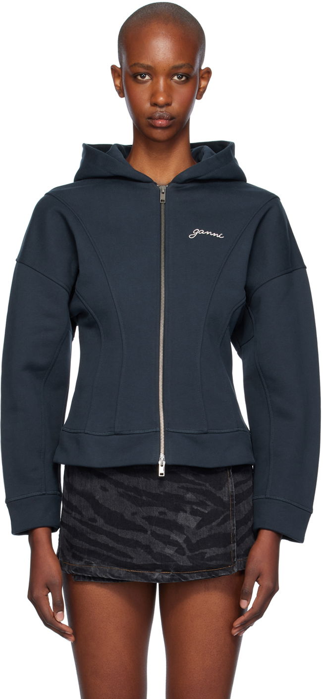 Sweatshirt GANNI Ganni Fleece Zip-Up Hoodie Mørkeblå | T4029, 0