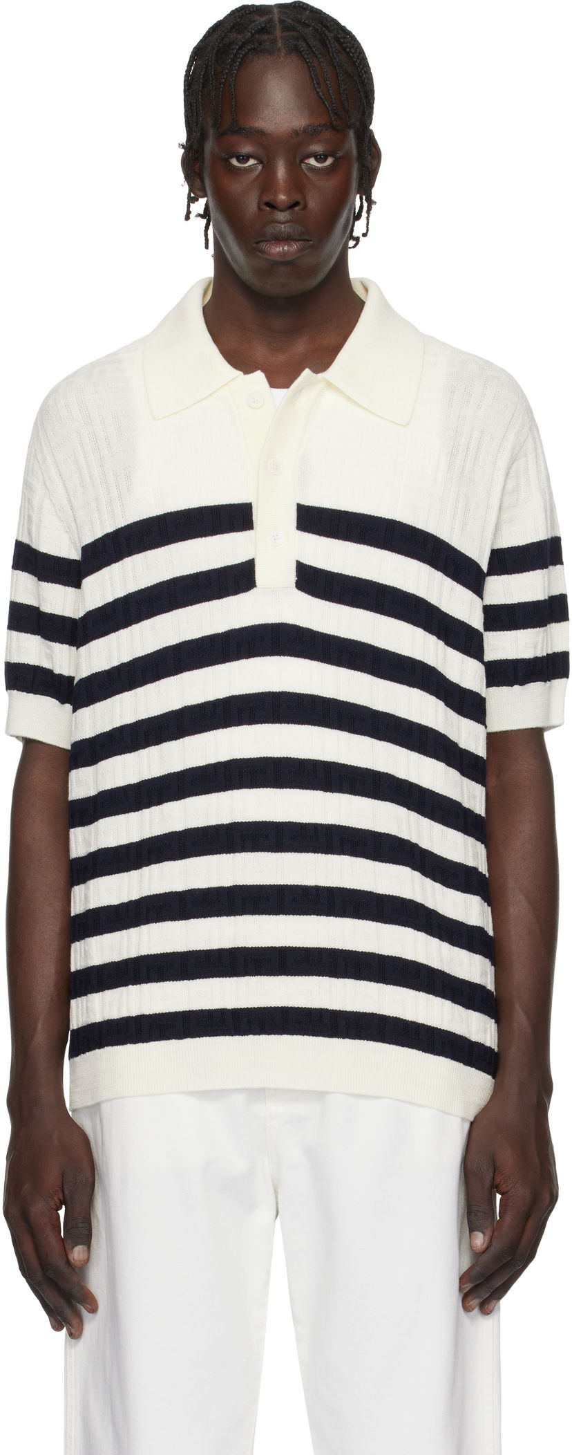 Polo skjorte Balmain Striped Knit Polo Shirt Hvid | EH1GB066KI01
