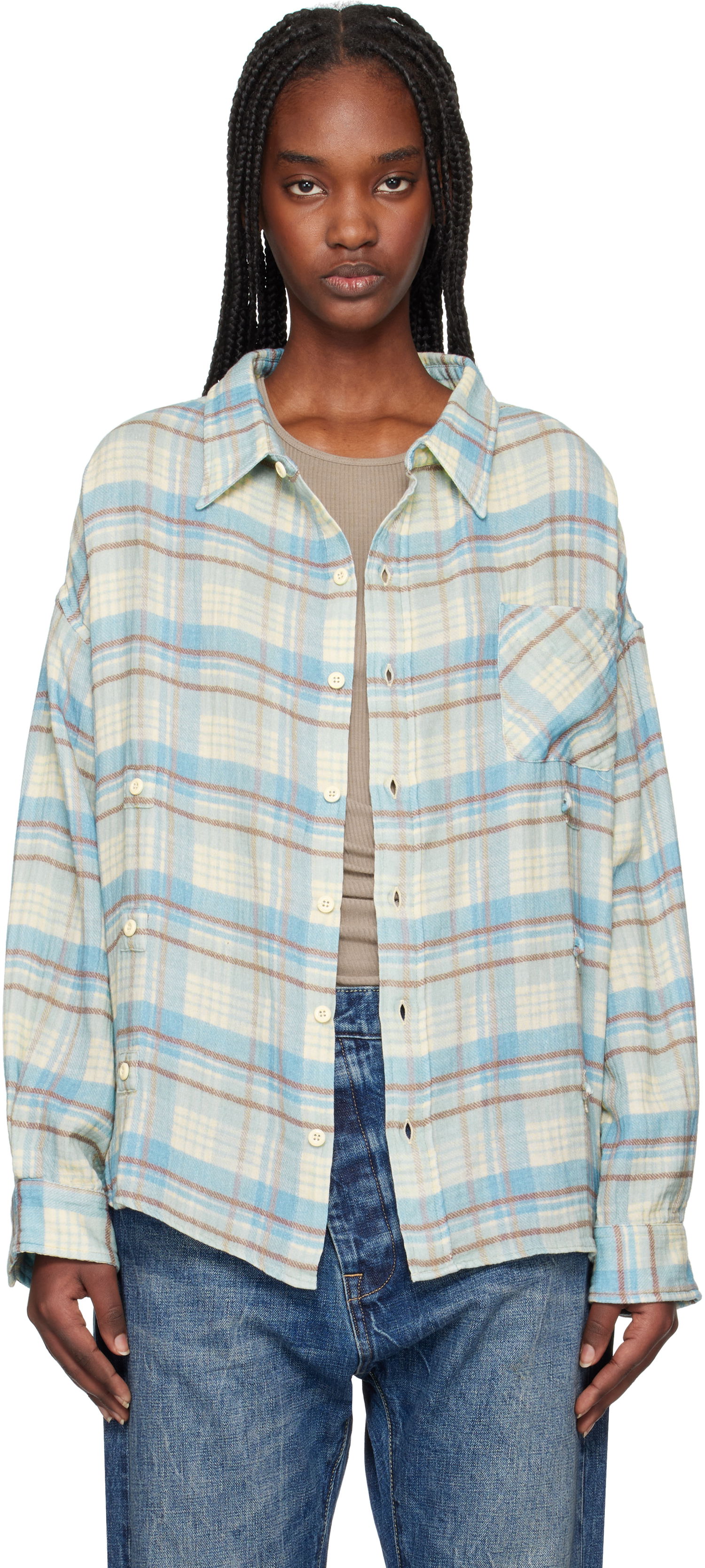 Skjorte R13 R13 Double Front Plaid Shirt Blå | R13WR371-R481B, 0