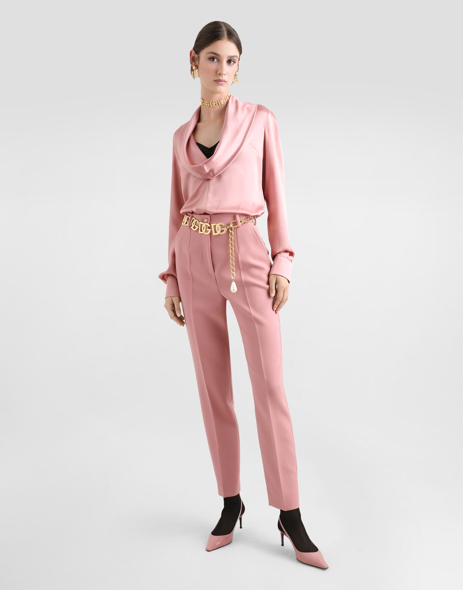 Skjorte Dolce & Gabbana Dolce & Gabbana Satin Blouse with Shawl Neck Lyserød | F7AM0TFU1AUFB473, 1