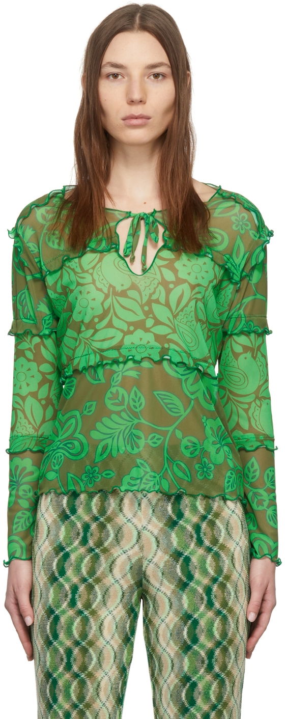 T-shirt Anna Sui Anna Sui Paradisiac Combo Mesh Top Grøn | 222D21