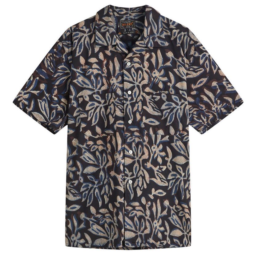 Skjorte BEAMS Beams Plus Open Collar Block Print Leaf Shirt, Size Large Sort | 3801-0172-139-79