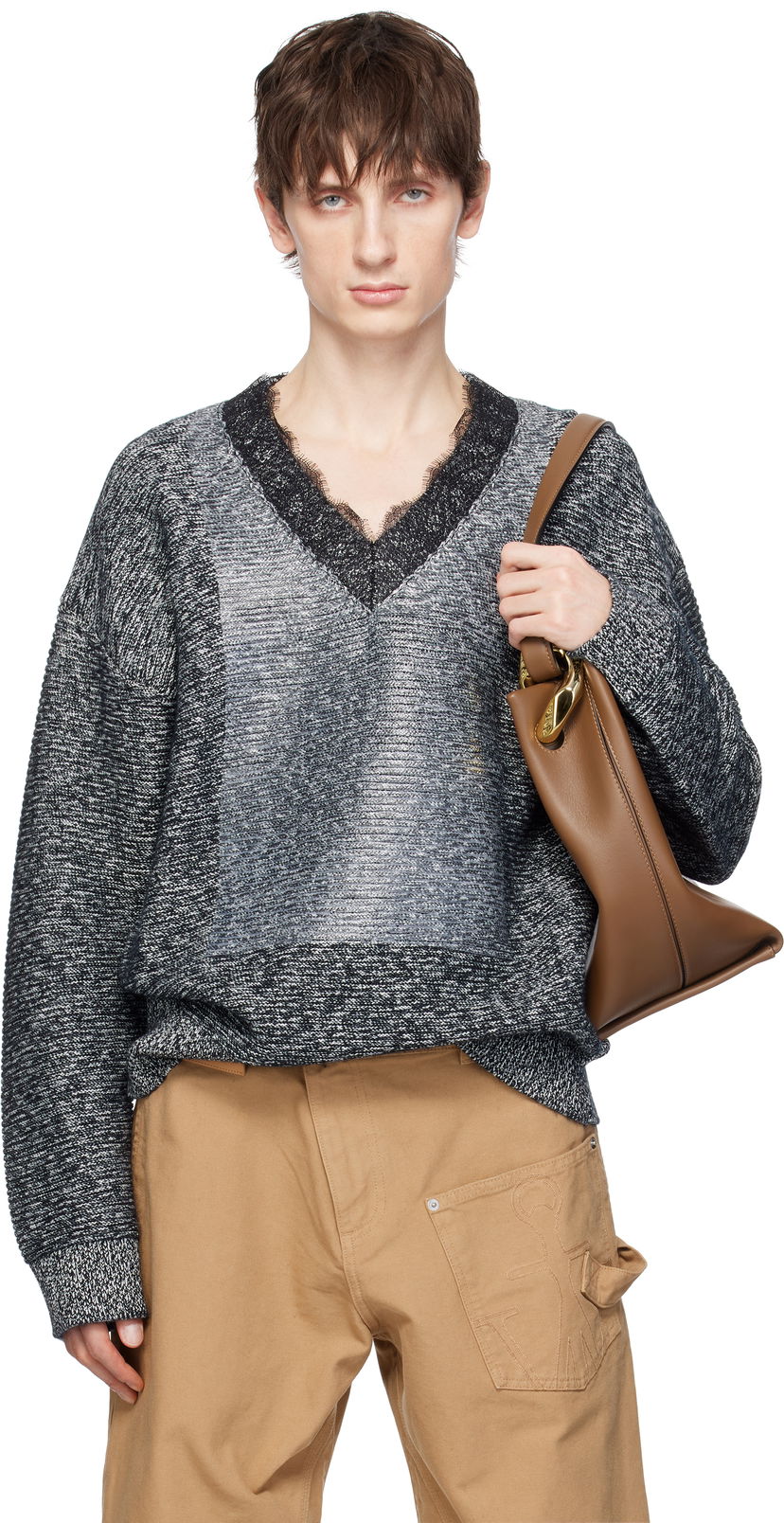 Sweater JW Anderson JW Anderson V-Neck Lace Trim Sweater Grå | KW1360-YN0402