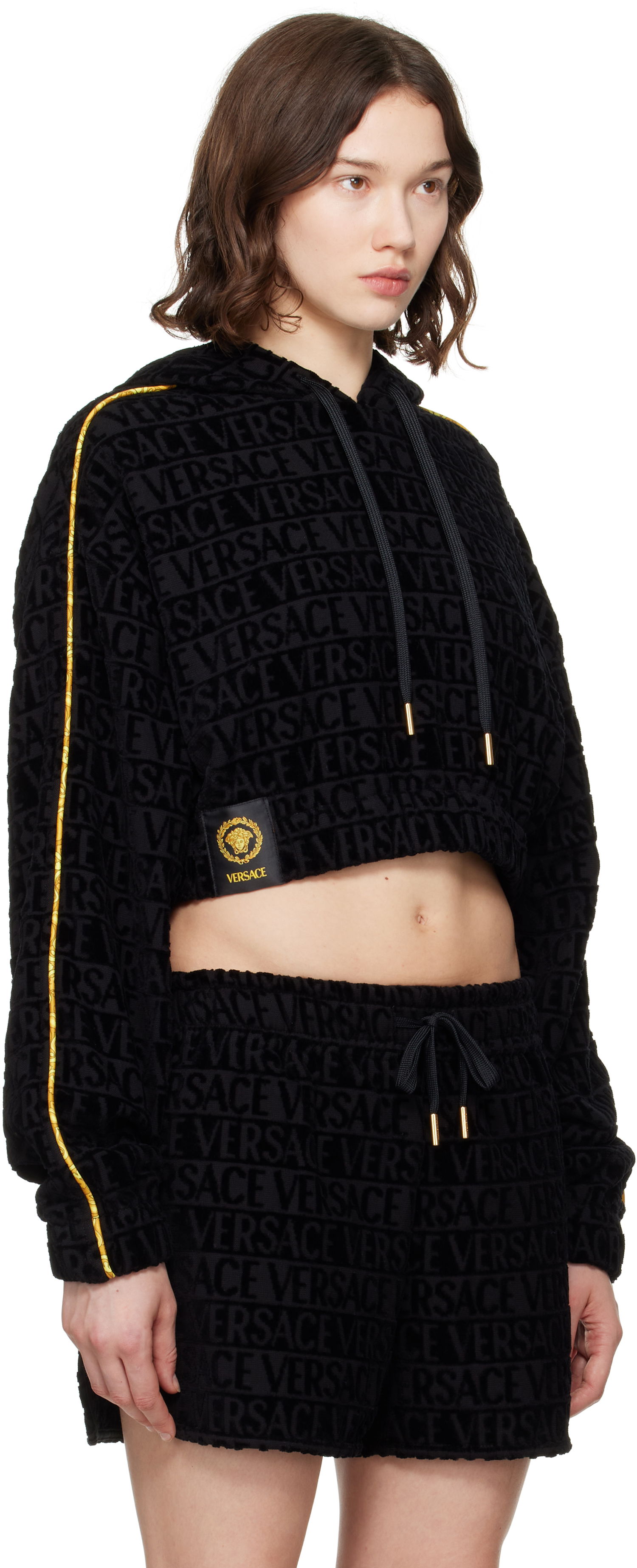 Sweatshirt Versace Versace 'I Heart Baroque' Crop Velour Hoodie Sort | 1020144_1A14584, 1