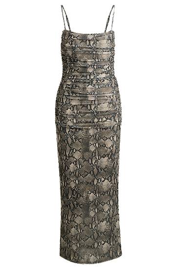 Kjole BOSS Snakeskin Print Ruched Mesh Corset Midi Dress Grå | 50540915