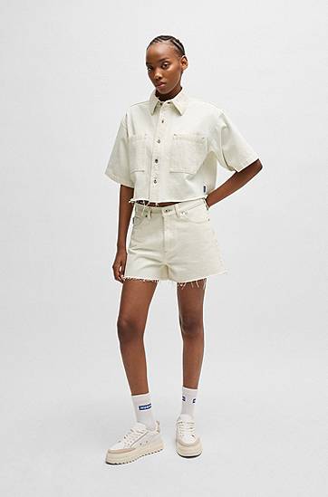 Skjorte BOSS Cropped Denim Blouse with Raw Hem Hvid | 50537471, 1