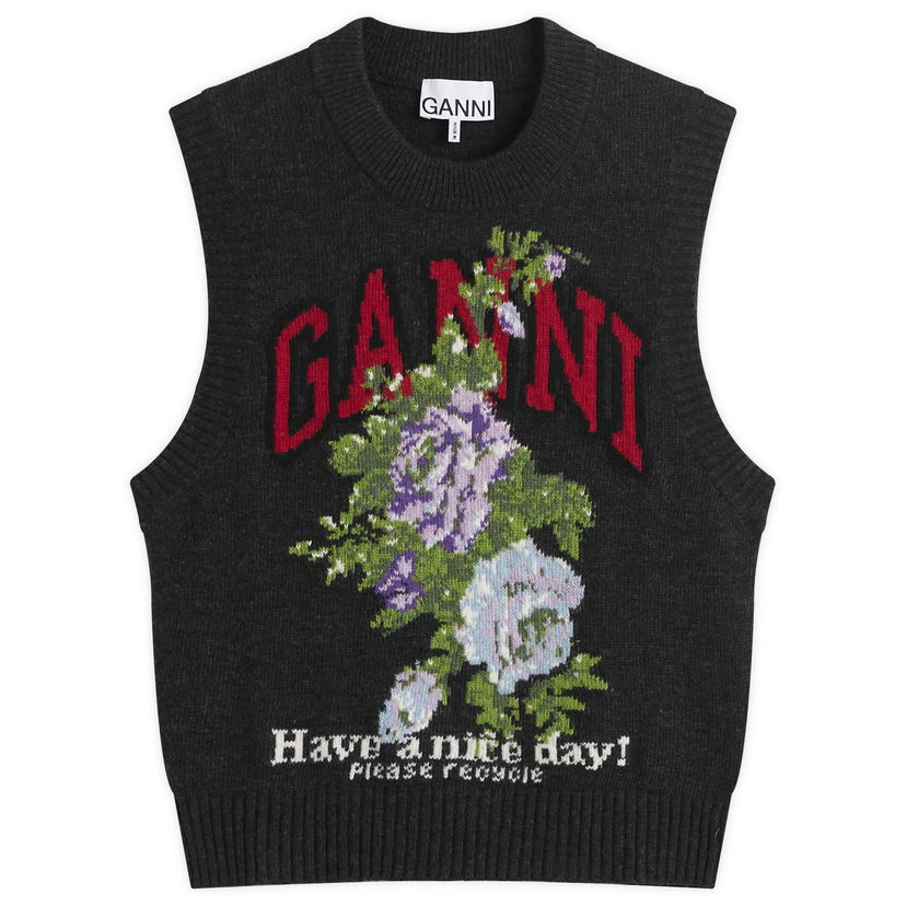 Vest GANNI GANNI Knitted Wool Vest with Floral Graphic Grå | K2596-252