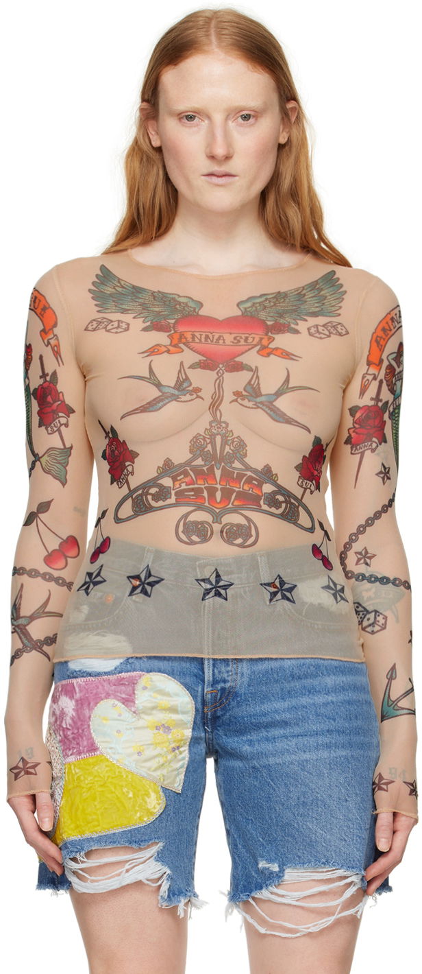 T-shirt Anna Sui Anna Sui Tattoo Mesh Long Sleeve T-Shirt Beige | 224P21