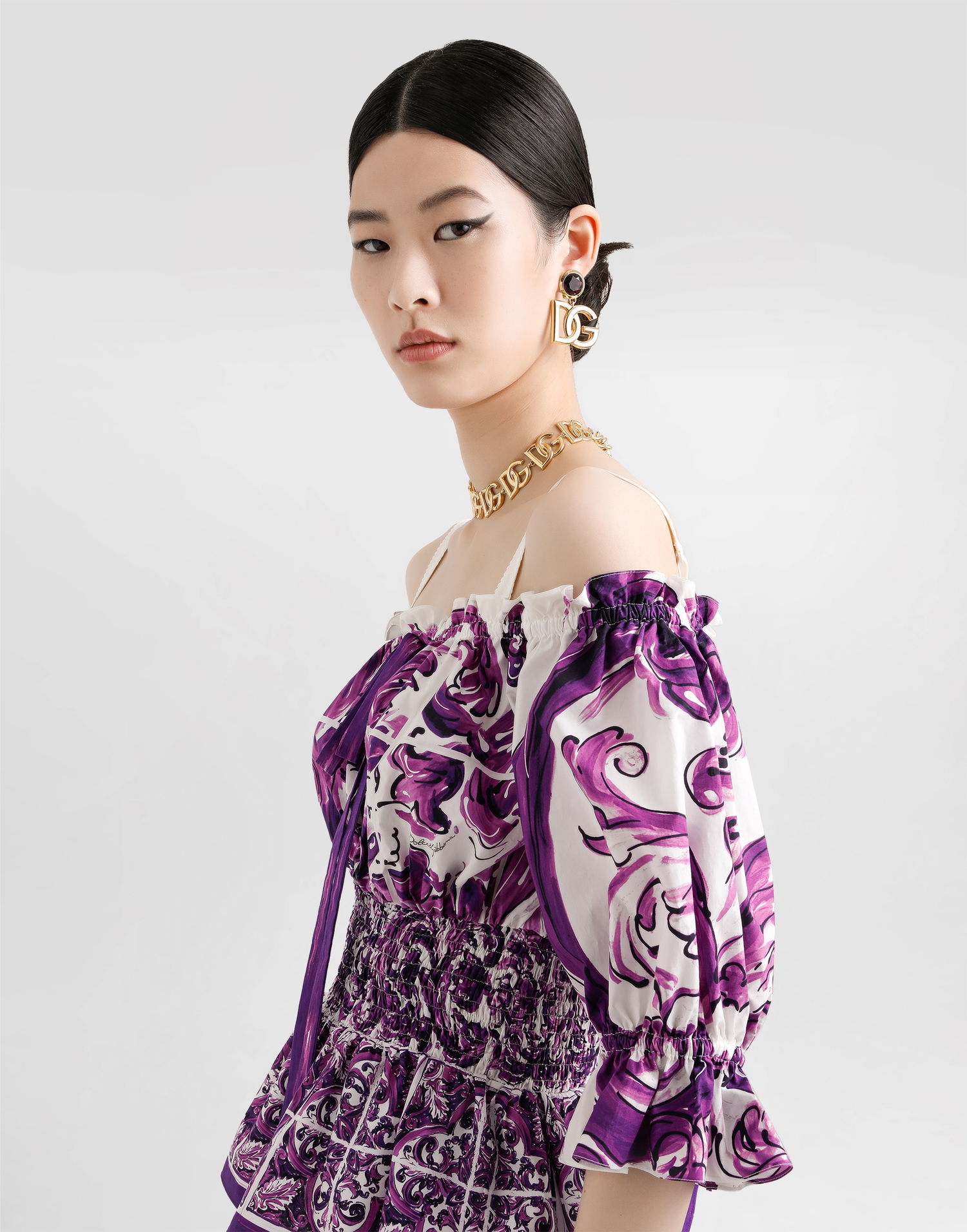 Skjorte Dolce & Gabbana Dolce & Gabbana Majolica Print Off-the-Shoulder Poplin Top Lilla | F71I6TFI5JPHP5DQ, 1