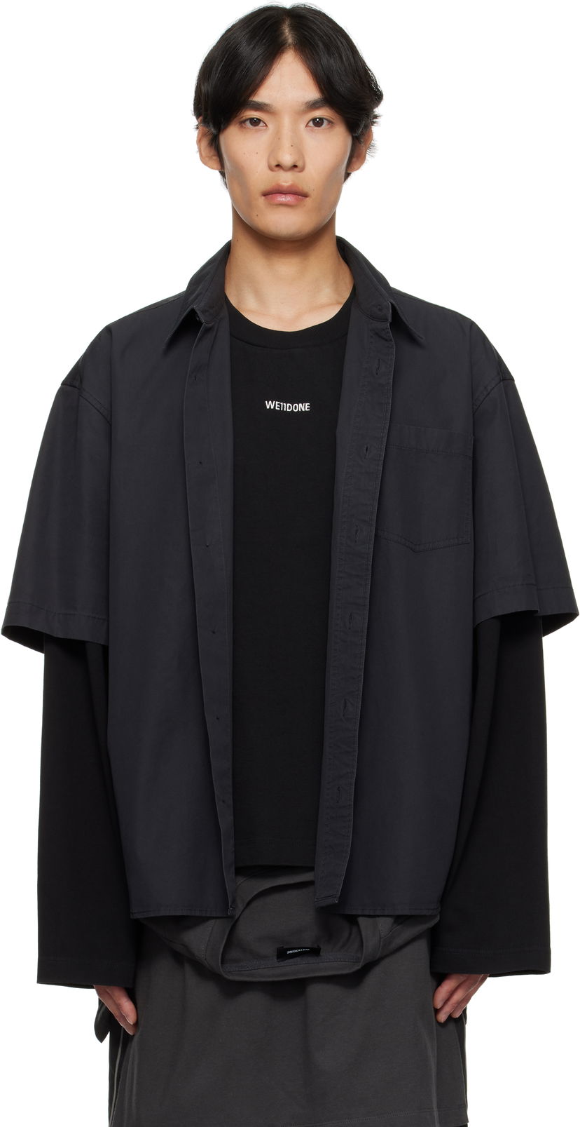 Skjorte We11done We11done Logo Long-Sleeved Layered Shirt Sort | WD-SH2-25-180-U-CH