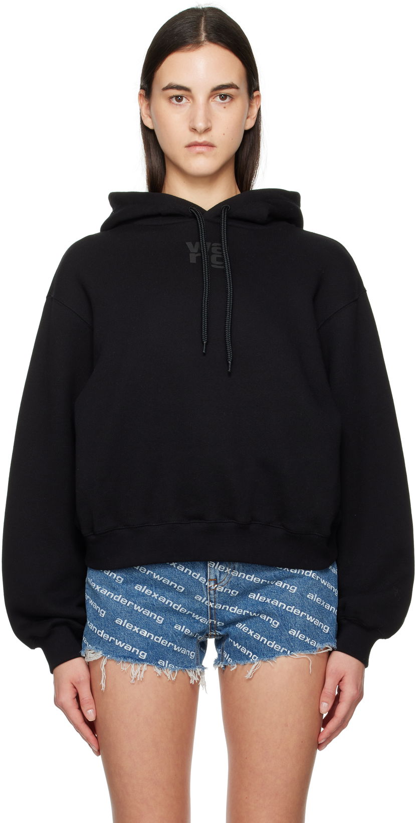Sweatshirt Alexander Wang Puff Logo Cropped Hoodie Sort | 4CC3242101