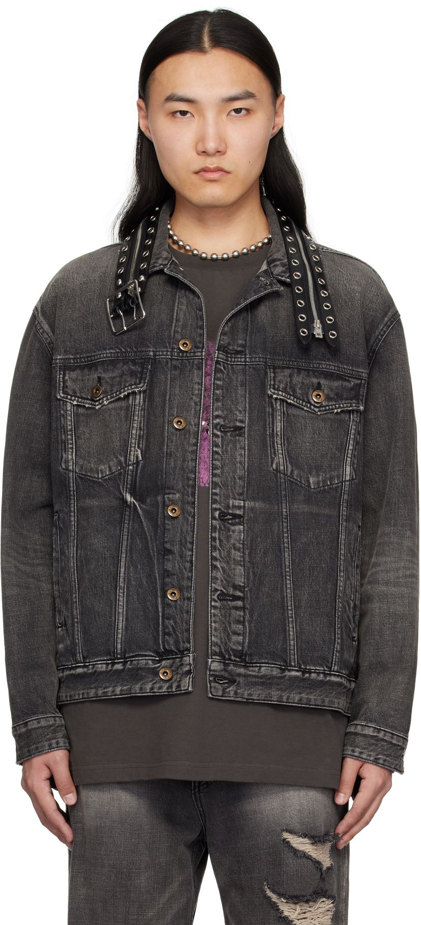 Jakke We11done We11done Belted Collar Denim Jacket Sort | WD-DJ0-25-315-U-BK