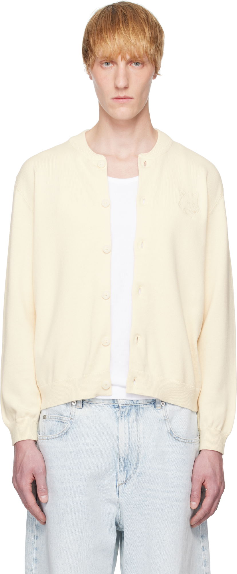 Sweater MAISON KITSUNÉ Maison Kitsuné Fox Head Embroidered Cardigan Gul | OM02135KT1135