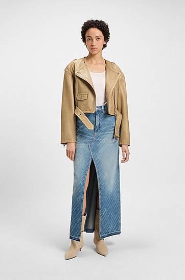 Jakke BOSS Cropped Grained Leather Biker Jacket Beige | 50543026, 1