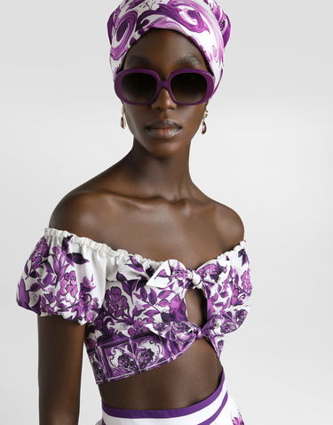 Crop top Dolce & Gabbana Dolce & Gabbana Majolica-Print Poplin Off-Shoulder Tie-Front Top Lilla | F7AV0THH5EPI13TN, 3