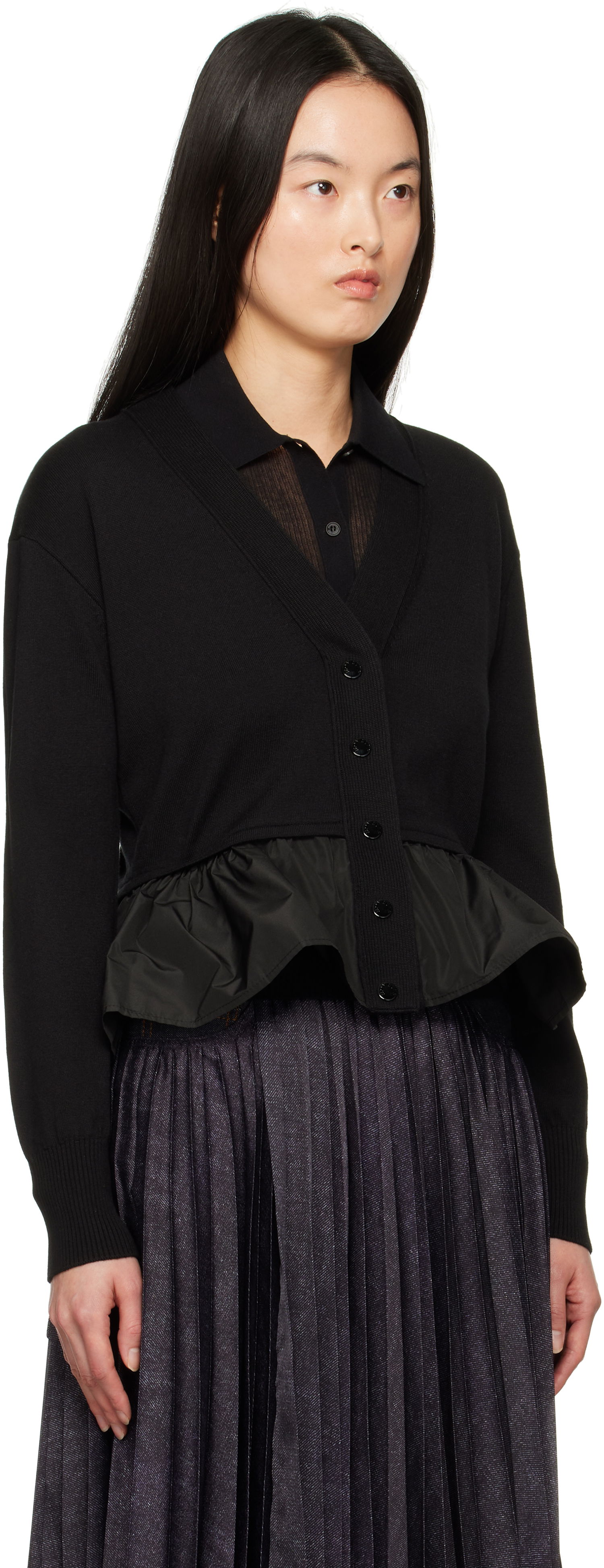 Sweater Moncler Moncler Cotton, Cashmere & Silk Peplum Cardigan Sort | K10939B00038M4066, 1